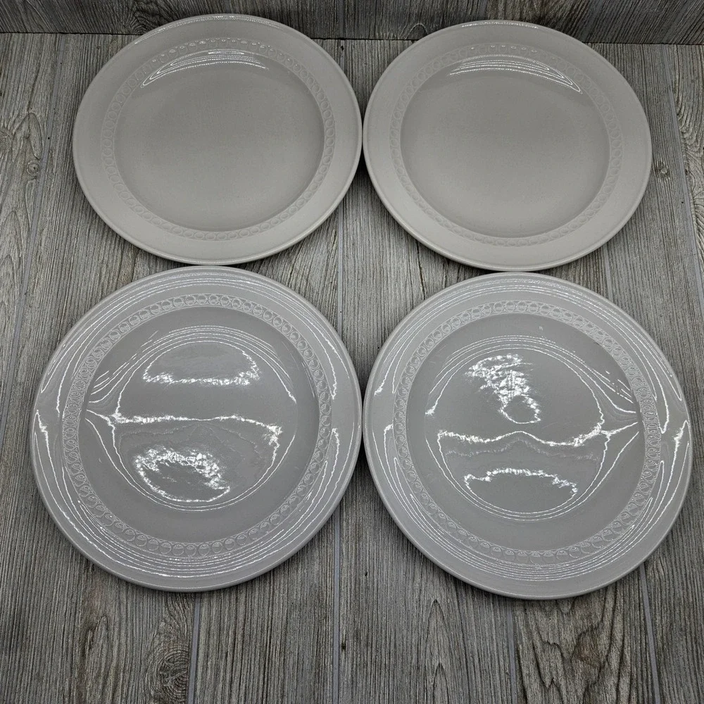 Shenango China White Cream Dinner Plates Set of 4 Embossed Circle Dot Rim